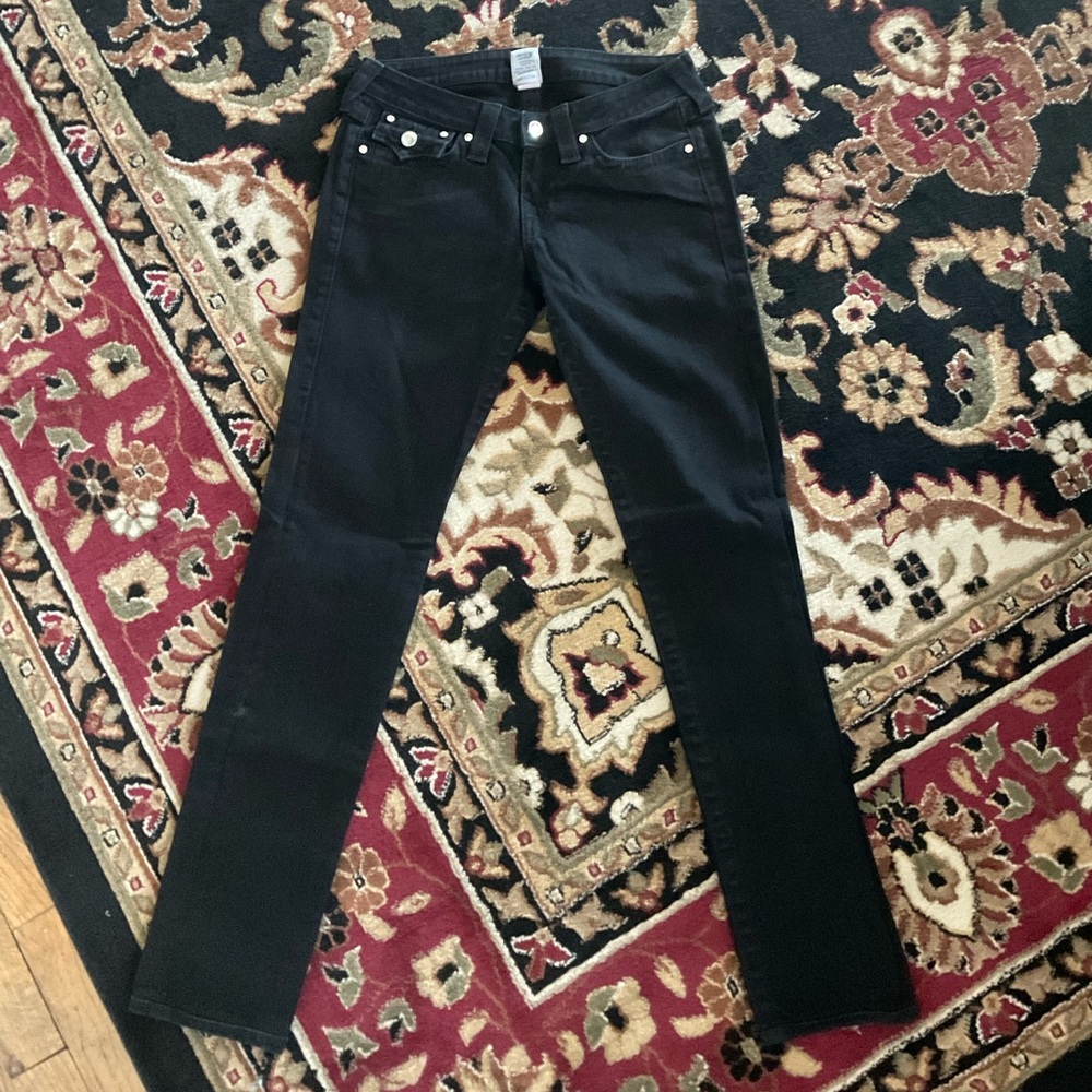 True Religion Women’s 27 | Black Skinny Jeans | Rhinestone Button Denim